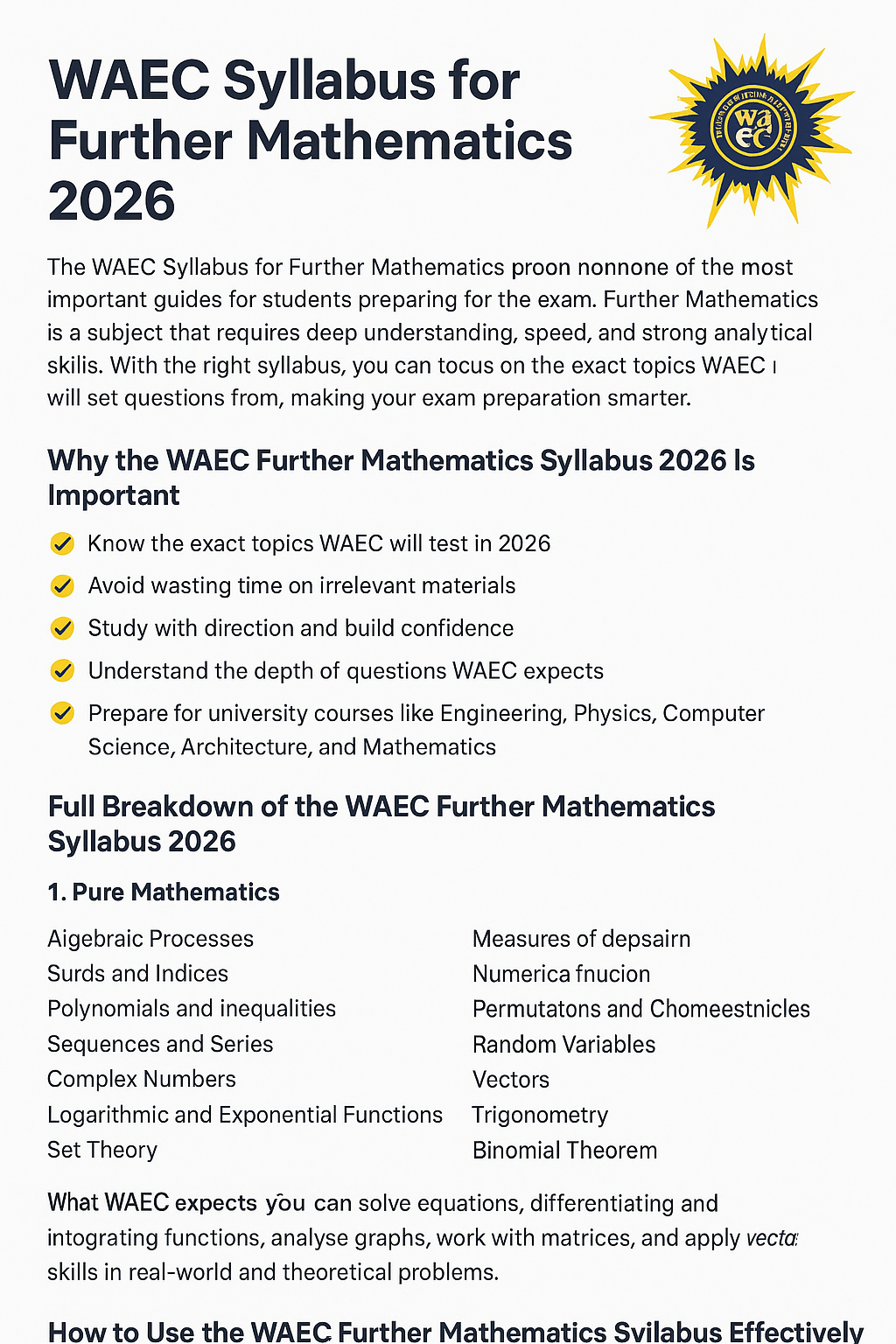 WAEC Syllabus for Further Mathematics 2026