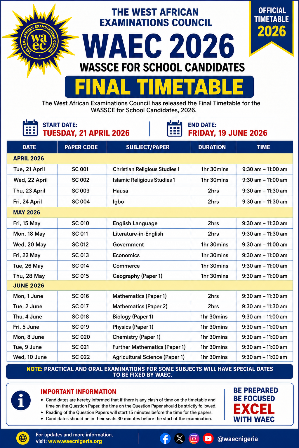 WAEC 2026 Timetable
